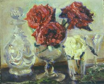 Roses et carafe de cristal (huile sur toile, 46 X 38 cm, 1955)