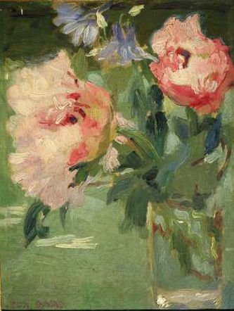 Roses roses et campanules dans un verre (huile sur toile, 27 X 22 cm, 1965)