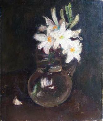 Lys blancs dans une cruche de verre (huile sur toile, 54 X 46 cm, 1955)