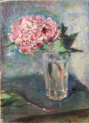 Pivoine rose dans un verre (huile sur toile, 33 X 24 cm, 1960))