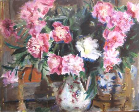 Pivoines roses dans un vase de Gien (huile sur toile, 81 X 65 cm, 1962)