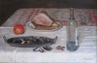 Nature morte aux moules et au jambon (huile sur toile, 65 X 50 cm, 1919)