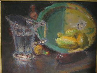 Plat en grés, cruche d'eau, aubergine et fèves de cacao (huile sur toile, 70 X 54 cm, Digoin  1931)