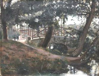 Le petit pont de pierre (huile sur toile, 35 X 27 cm, Etampes 1920)