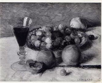 L'assiette de cerises, pêches et verre de vin (huile sur toile, 41 X 33 cm, vers 1950,coll. particulière )

