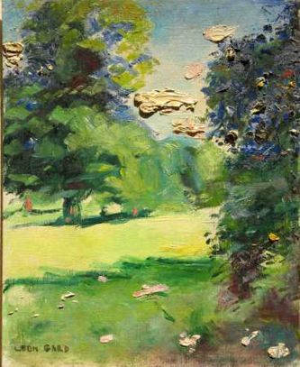 Arbres dans la prairie du parc des Bonshommes en été (huile sur carton, 46 X 38 cm, L'Isle-Adam 1965. Coll.T.G.)