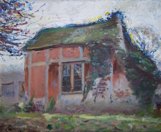 La petite maison rose du jardinier (huile sur carton, 46 X 33 cm, l'Isle-Adam,1959. Coll.particulière, Paris)