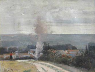 Hameau avec fumée au bord d'un chemin (huile sur toile, 35 X 27 cm, Etampes, vers 1920-1924).
On peut déceler entre 1920 et 1925 une influence de Corot (voir notamment ci-dessus, sur le chemin, le personnage avec son vêtement rouge, caractéristique de nombreuses toiles de Corot).