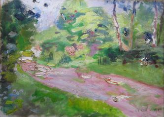 Chemin rose dans le parc des Bonshommes (huile sur carton, 46 X 33 cm,l'Isle-Adam, vers 1969. Coll.T.G.)
