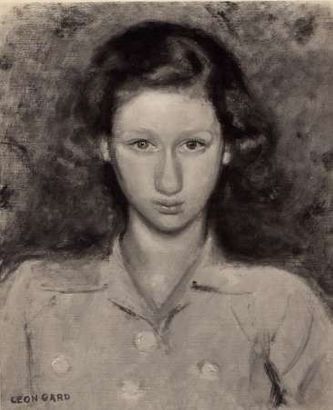 Genevieve de La Motte Saint-Pierre (huile sur toile, 46 X 38 cm  Paris vers 1948, reproduction noir et blanc, tableau non localisé actuellement)