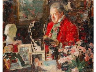 Sacha Guitry en veste rouge, par Léon Gard, Paris 1942 (huile sur toile, 92 X 73 cm).
Sacha, en veste rouge, est assis à son bureau, recouvert d'objets de sa collection, dont le buste de Balzac par Rodin. 
Ce portrait a toujours figuré, avec celui de Lana Marconi en pendant, au-dessus des bibliothèques du cabinet de travail de Guitry , de 1942 à sa mort en 1957. C'est le portrait de lui que Guitry préférait. Il porte le numéro 57 du catalogue de 1952. Il fut exposé au Musée du Luxembourg en 1985 pour le centième anniversaire de la naissance de Guitry.
