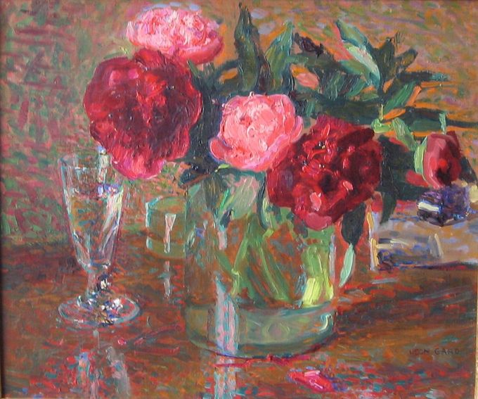 Bouquet de pivoines et verres (huile sur toile, 46 X 54 cm, Paris 1943)