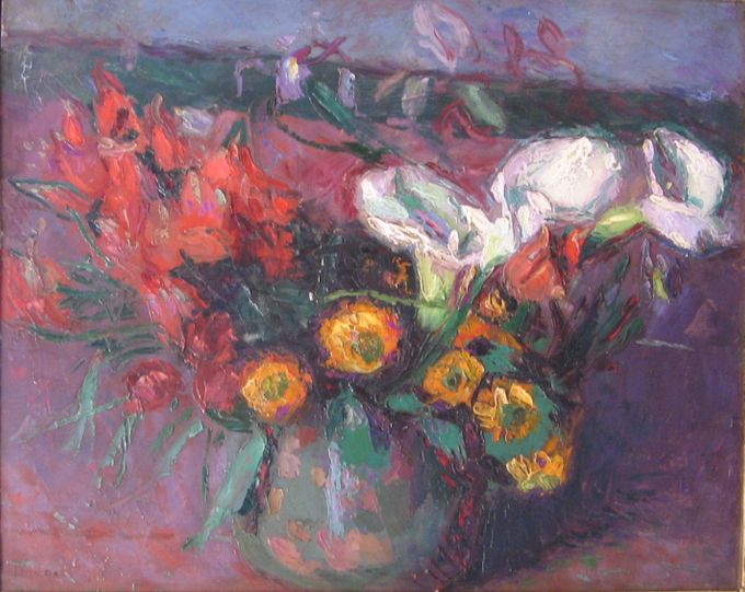 Bouquet de Provence aux arums (huile sur toile, 81 X 65 cm, Toulon 1927)