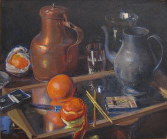 Nature morte aux oranges, pichets de cuivre et d'étain (huile sur toile, 65 X 54 cm, 1949, coll. T.G.)