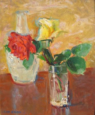 Roses rouge et jaune et carafe (huile sur carton, 46 X 38 cm, vers 1965)