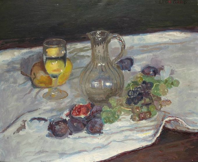 Figues, raisin, poivron jaune et carafe (huile sur toile, 65 X 54 cm, coll. particulière, non localisée )