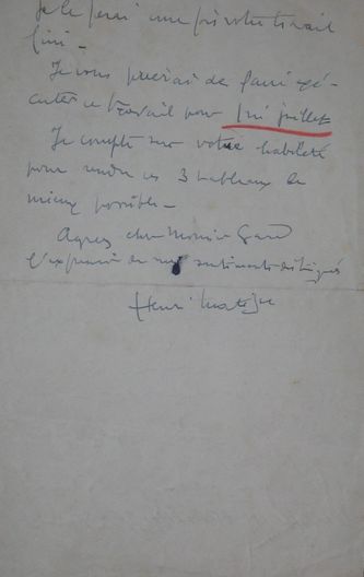 Lettre de Matisse adressée en juin 1947  à Léon Gard pour des travaux de restauration. Matisse lui en confiera jusqu'en 1952, deux ans avant sa mort.