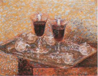 Verres de vin et verres à liqueur (huile sur toile, 41 X 33 cm, vers 1940, colle. particulière)
Cliquez sur l'image pour l'agrandir.