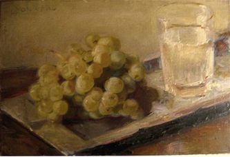 Verre d'eau et raisin blanc (huile sur carton, 33 X 22 cm, Paris vers 1940, coll. particulière)
Cliquez sur l'image pour l'agrandir.