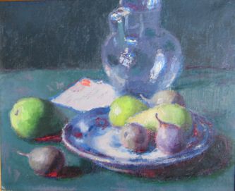 Carafe, plat bleu et poires (Huile sur toile, 55 X 46 cm, Étampes, 1926)