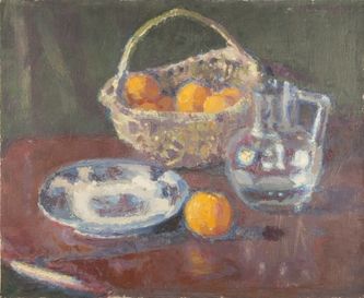 Nature morte au panier d'oranges, plat bleu et carafe d'eau (huile sur toile, 73 X 60 cm, Paris, 1926-1927)