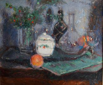 Oranges, ruscus et sucrier blanc (huile sur toile, 73 X 60 cm, Toulon, 1930)