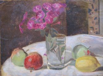 Fleurs dans un verre et fruits (huile sur toile, 33 X 24 cm, Paris 1915)