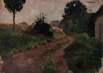 Chemin de campagne (huile sur toile, 26 X 18 cm, Morigny, vers 1916-1920 —la date de 1920 a été ajouté tardivement par Léon Gard au stylo bille sur cette toile, mais elle est probablement antérieure, sensiblement de la même époque que 