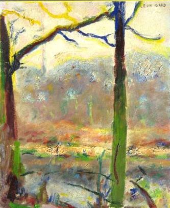 Étang et arbres à contre-jour (huile sur carton, 46 X 38 cm, parc des Bonshommes, l'Isle-Adam, vers 1969)