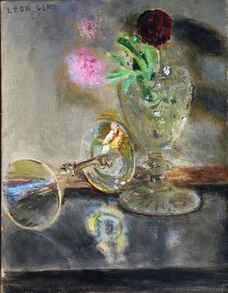 Verre irisé et fleurs fanées dans un verre (huile sur toile, 35 X 27 cm, Paris 1970, coll. T.G.)