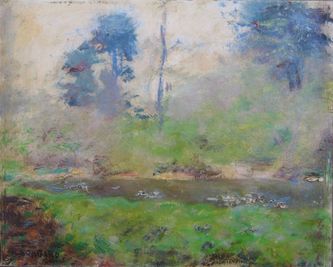 L'étang, brume d'automne dans le parc des Bonshommes (huile sur carton, 41 X 33 cm, l'Isle-Adam, 1969)