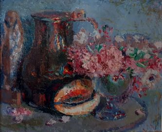 Cuivre, coquillage, fleurs et statuette (73 X 60 cm, Digoin ? Vers 1930)