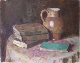 Pot de grès et livres (huile sur toile, 73 X 60 cm, Paris, 1927) 