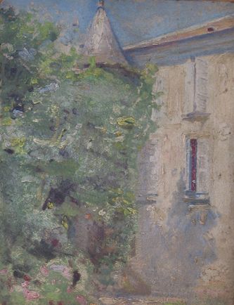 La maison à la tourelle (huile sur carton, 35 X 27 cm, Montfort-L'amaury, 1935. Coll.T.G.)