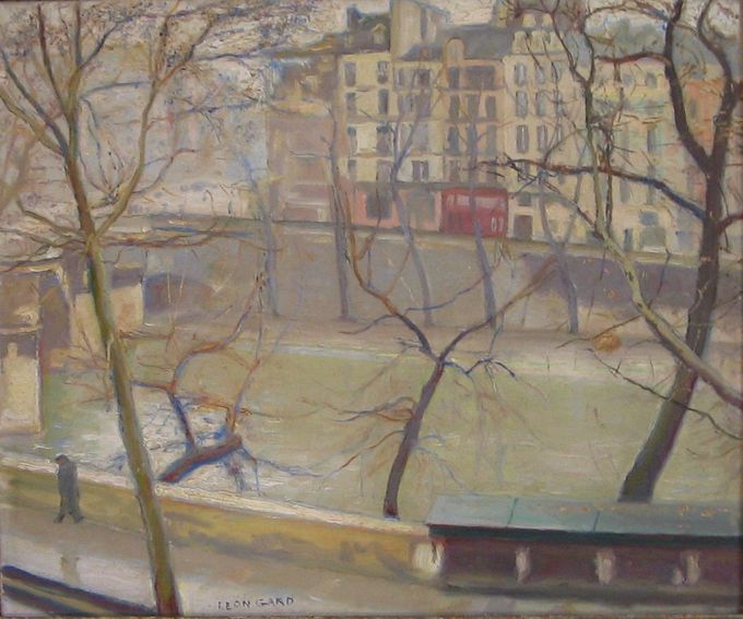 Le Quai des Grands-Augustins sous la pluie (huile sur toile, 65 X 54 cm, Paris vers 1950. Peint depuis le balcon du studio de Léon Gard. Coll.T.G.).