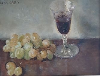 Verre de vin et raisin (hile sur toile, 25 X 27 cm, Paris, 1970, coll. particulière)