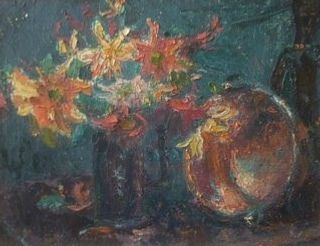 Chaudron de cuivre et jacinthes dans un vase (huile sur toile, 65 X 50 cm, Toulon 1930 )