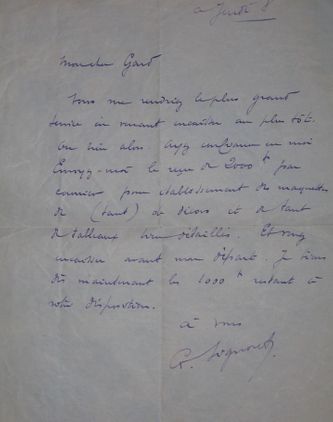 Lettre de l'acteur Gabriel Signoret mentionnant les rémunérations des travaux effectués par Léon Gard (décors et copies de tableaux) pour le théâtre du gymnase.